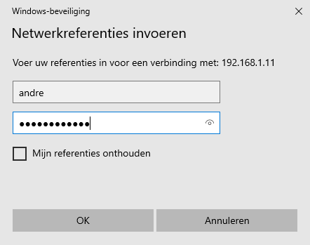 Samba directories: In MS Windows verkenner aanmelden op Samba server door gebruikersnaam en wachtwoord op Samba server in te voeren.