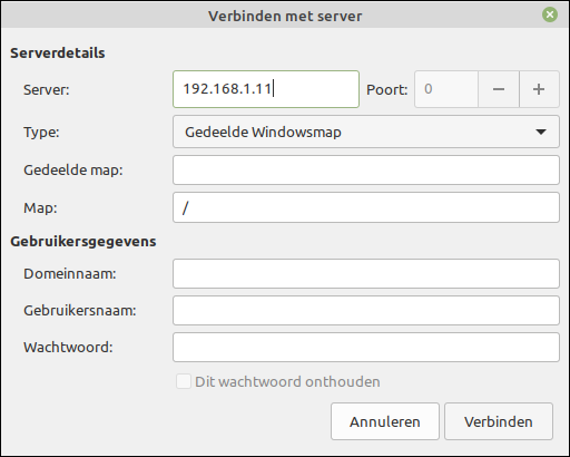 Samba directories: In de nemo bestandsbeheerder van Linux Mint opgeven van IP adres Samba server en het type netwerkverbinding.