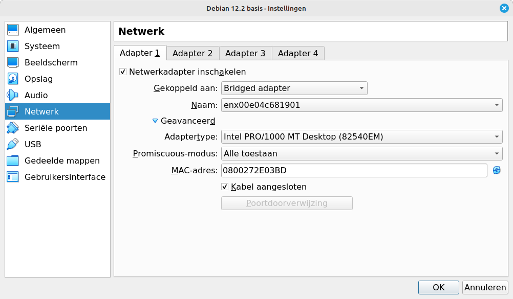 VirtualBox netwerk instellingen