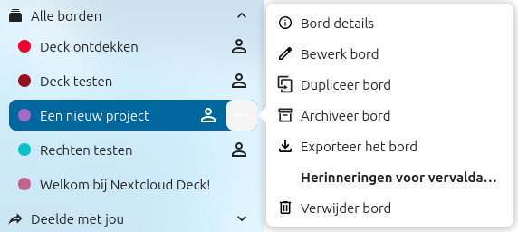 Opties voor een bestaand Deck bord.
